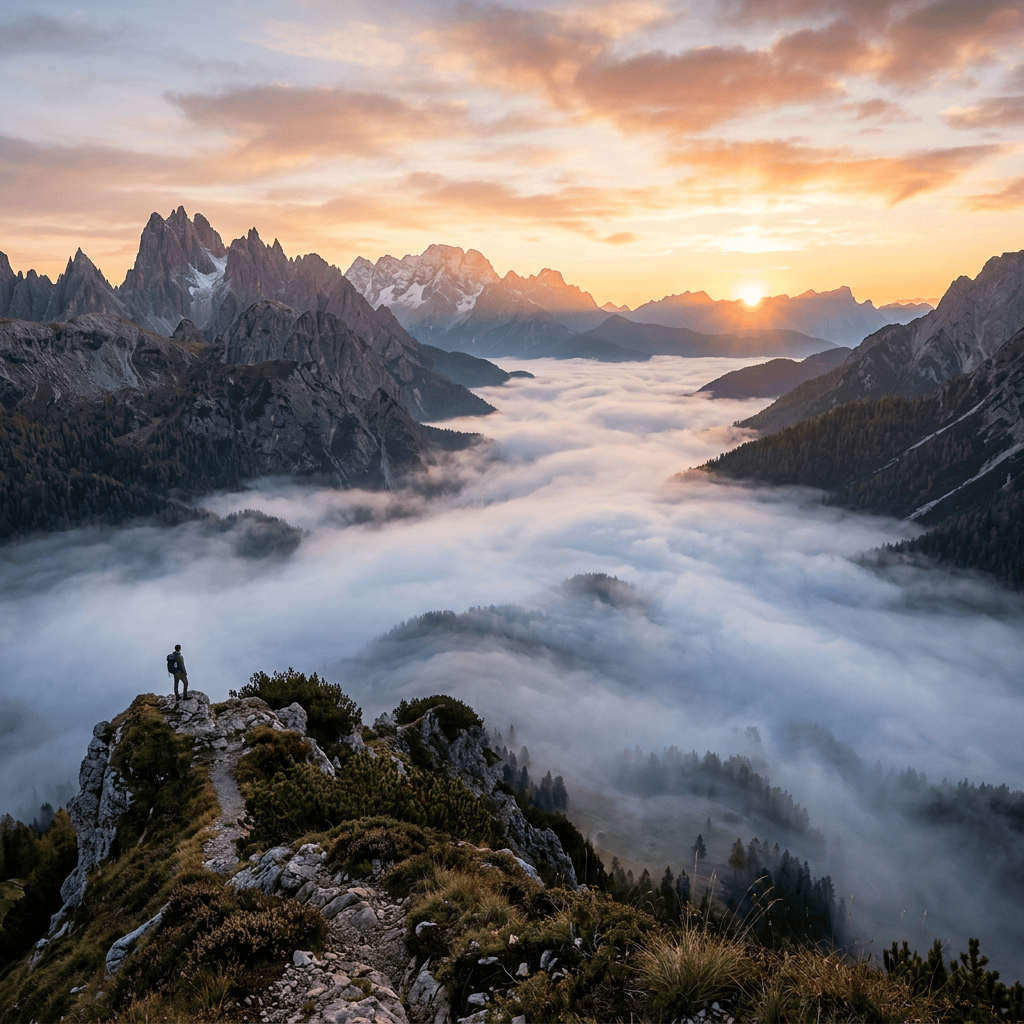 Hiker standing on a rocky ridge above a cloud-filled mountain valley at sunrise